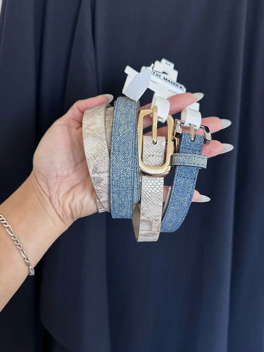 Steve Madden Women's Metallic Snake & Denim Dual-Color Belt Set- Brand new!✨Med